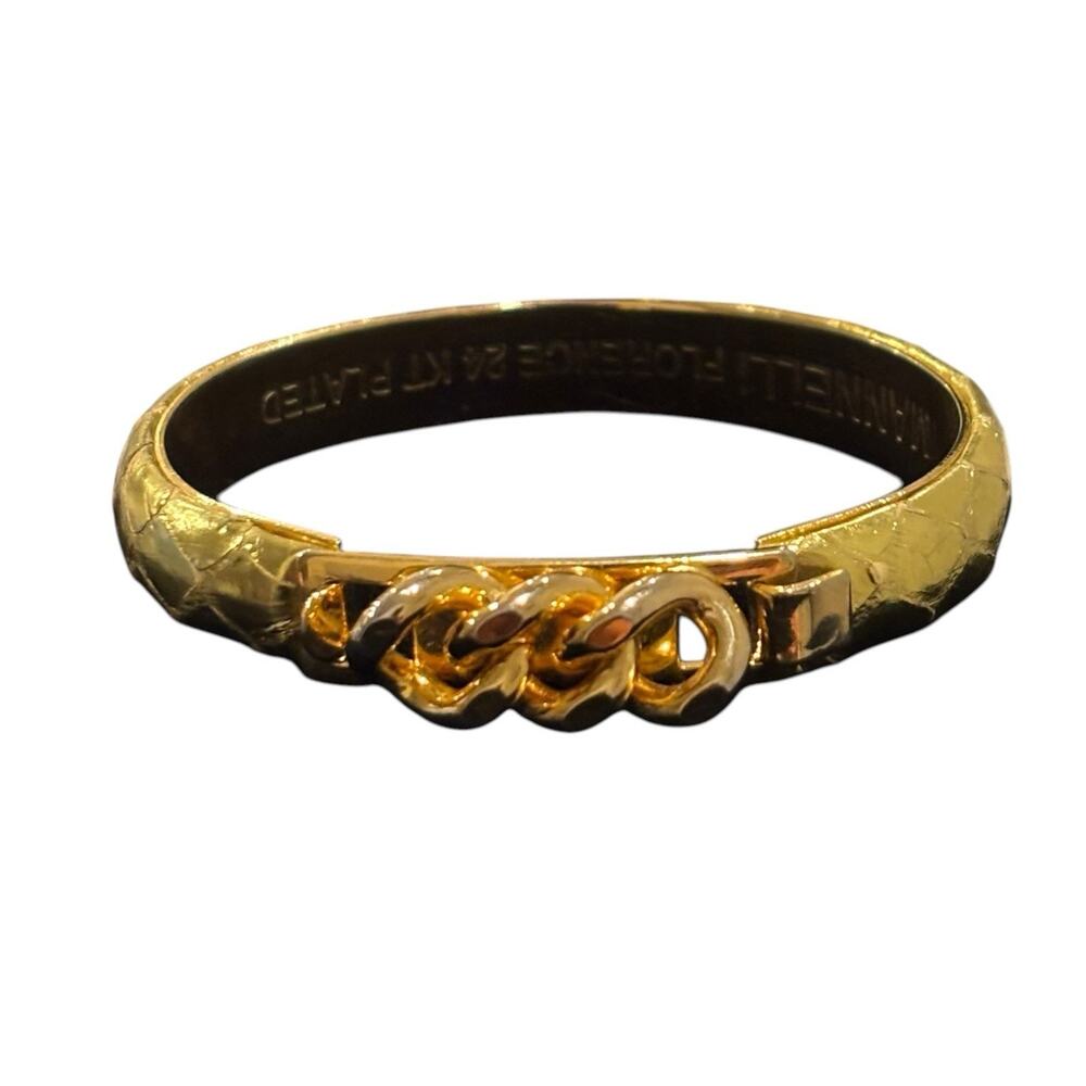 Vintage 80s MANNELLI FLORENCE 24K Gold Plated Chain Link Leather Bangle Bracelet